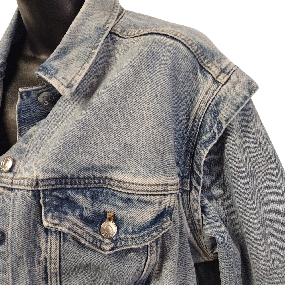 Express Women's Blue Layered Cap Sleeve Cropped Denim Jean Jacket  Size Large - Picture 6 of 12
